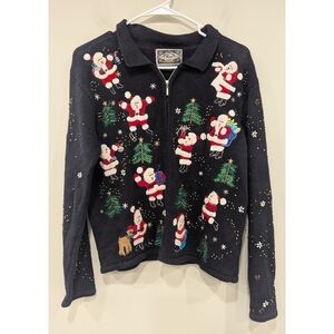 Vintage Jeans Wear Knitted Santa Clause Christmas Zip Cardigan Size Medium
